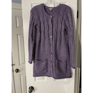 J Jill Cable Knit Long Cardigan Fisherman Sweater Women's XS Pockets Cozy Chnky